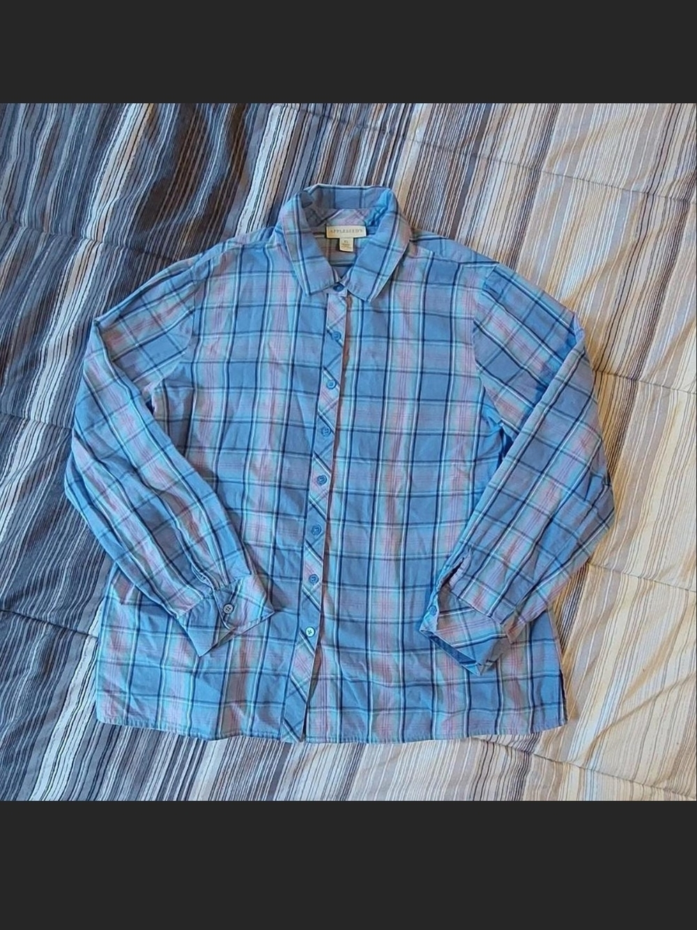 Appleseed's Women's Blue & Purple Plaid Long Sleeve Button-Down Shirt SZ XL EUC